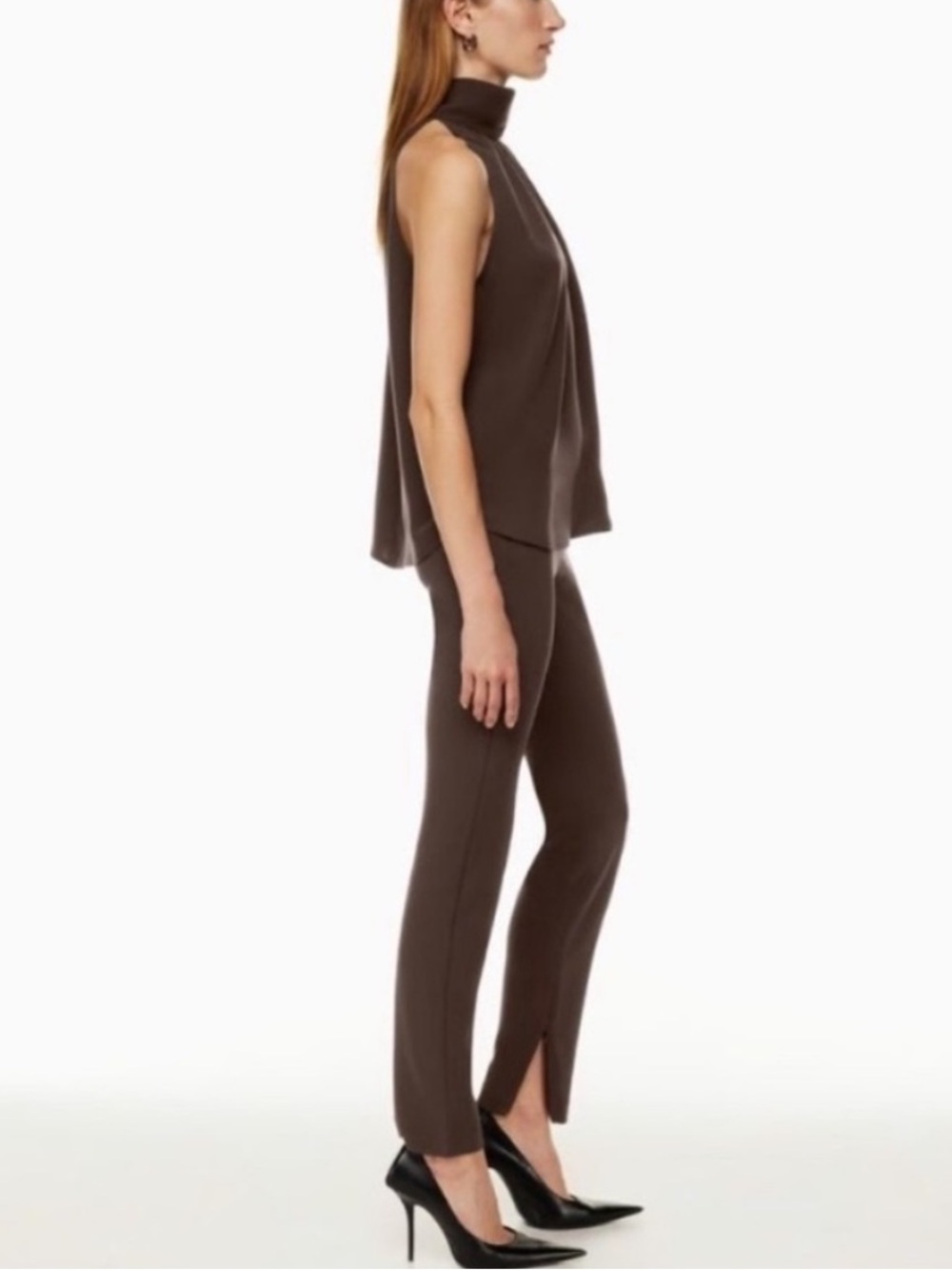Babaton Serra Pant High-Waisted Slim Fit Zip Ankle Pant 32" Mocha Brown 8